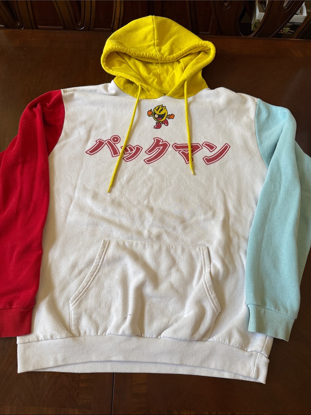 Vintage Pac-Man Colorblock Hoodie Sweatshirt Japanese Kanji text pullover XL